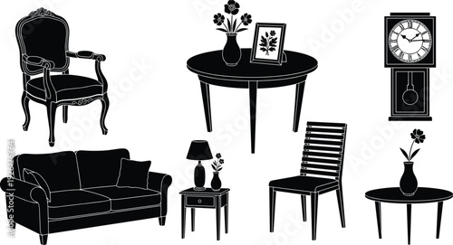 Black and white living room furniture silhouette, sofa, armchair, coffee table, grandfather clock, home decor, interior design illustration