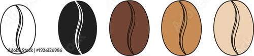 Set of five coffee bean icons showing various roast levels from light to dark and a line art outline isolated on a white background