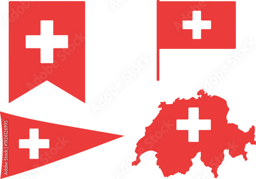 Switzerland flag collection with swiss cross symbols waving banners and icons set