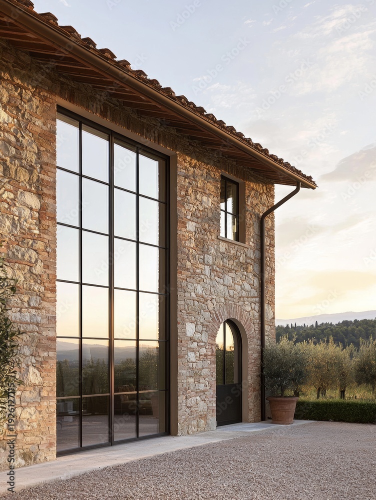 custom made wallpaper toronto digitalBeautiful stone house with large windows in a rural area at sunset near olive trees and hills
