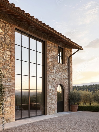 Wallpaper Mural Beautiful stone house with large windows in a rural area at sunset near olive trees and hills Torontodigital.ca