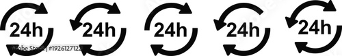Black 24h hour service and support icon set with circular arrows on white background for day and night delivery logistics and retail customer support.