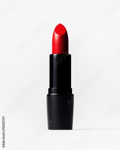 Bright red lipstick displayed on a plain background with a focus on the color and design of the cosmetic product in the image