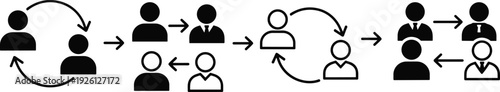 Black and white business team interaction icons showing people communicating and exchanging ideas for professional workflow management and organizational collaboration concepts on white background.