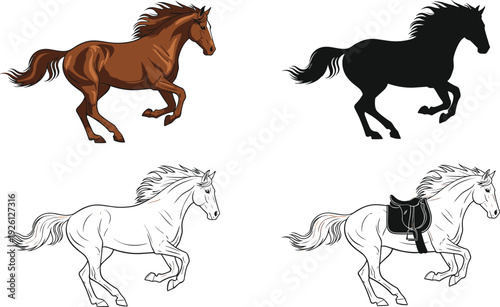 Running horse set with realistic, outline, and silhouette styles vector illustration collection for equestrian sport and farm animal design
