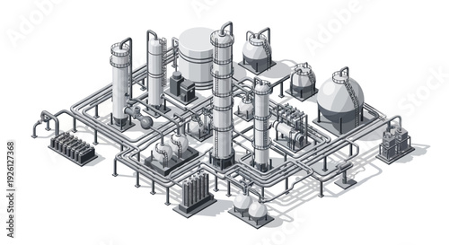 Isometric illustration of a complex industrial plant with numerous pipes, distillation columns, and storage tanks, representing a chemical or oil refinery facility.