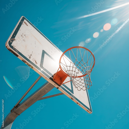 Low angle close-up of a weathered basketball hoop and backboard against a bright, sunny blue sky, showcasing a starburst lens flare from the sun, ideal for sports, recreation, outdoor activities, summ