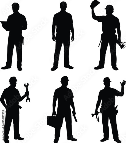 Construction Worker Silhouette Icons Set Featuring Clipboard, Wrench, Toolbox, Helmet Raising, and Occupational Gestures for Industrial Design