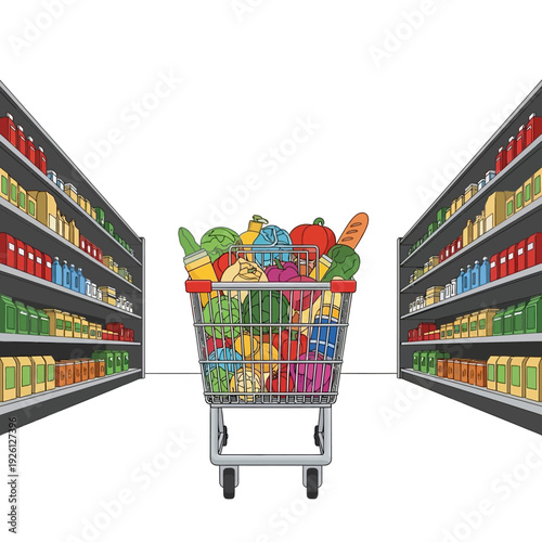 Grocery Shopping Cart Full of Fresh Produce Between Supermarket Aisles
