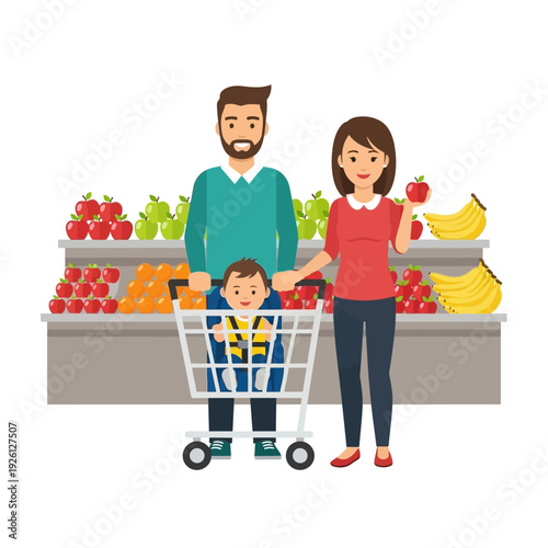 Happy Family Shopping for Groceries at Supermarket with Child in Cart
