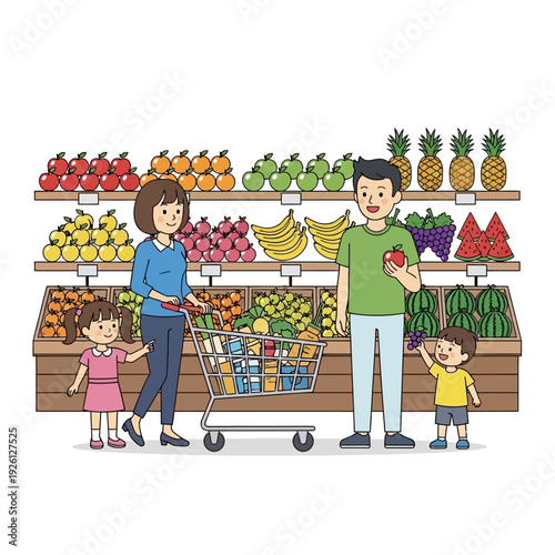 Happy family shopping for fresh fruits and vegetables in a supermarket aisle