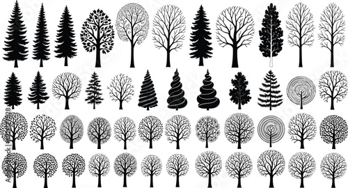 Black tree silhouettes collection with various forest and deciduous shapes vector set for landscape design and nature illustration projects