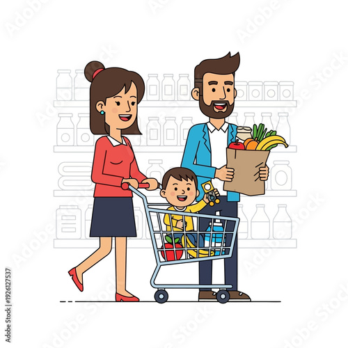 Happy Family Shopping for Groceries in a Supermarket with a Child in the Cart
