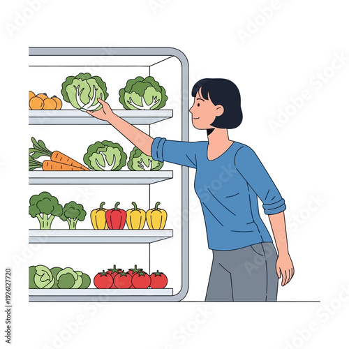 Woman Choosing Fresh Lettuce at a Grocery Store Produce Section