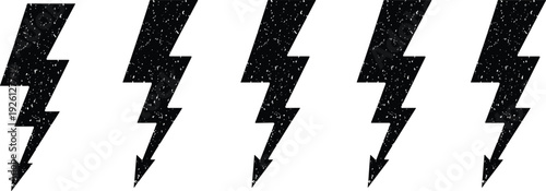 Black textured lightning bolt icons with arrow tips set against a white background for weather power energy and electric speed graphic design elements.