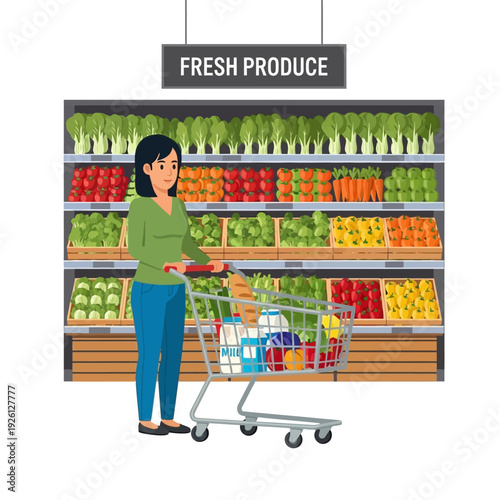 Woman pushing shopping cart in grocery store produce aisle with fresh fruits and vegetables