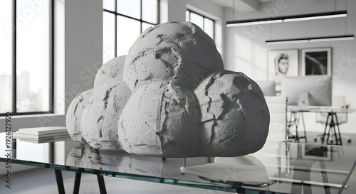 Conceptual Concrete Cloud Sculpture on Glass Desk in Modern Office