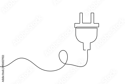 Electrical plug in continuous one line drawing with minimalist style isolated outline vector