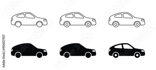 Car icon set, simple and detailed auto symbol in different styles, automobile vector illustration, vehicle sign, sedan silhouette, black car graphic design concept for ranked transportation graphics, 