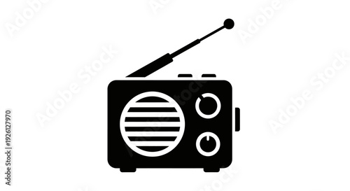 Simple black and white illustration of a vintage portable radio with antenna.