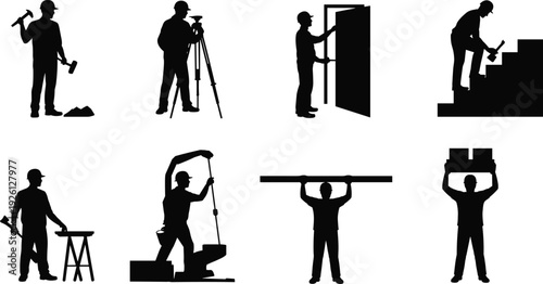 Construction Worker Silhouette Icons Set Featuring Diverse Tasks Including Surveying, Installing, Hammering, Lifting, and Crane Operation