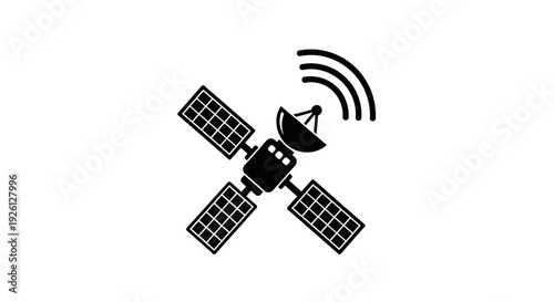Simple black and white satellite illustration with solar panels and signal transmission.