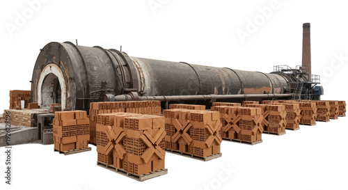 A large industrial rotary kiln for firing bricks, with stacks of finished bricks in the foreground.