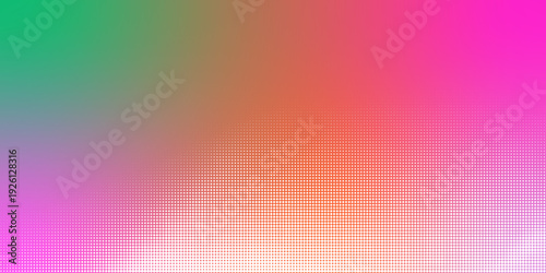 A vibrant gradient background transitioning from green to pink with a grid pattern overlay.