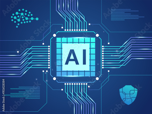 Futuristic AI microchip technology with data networking circuit board and binary code of artificial intelligence processor for digital transfer and cyber security vector illustration design concept.