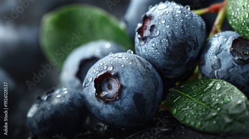 Fresh Blueberries with Water Droplets on Dark Surface