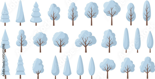 Collection of winter trees vector set with snow covered forest elements for seasonal landscape design and holiday illustrations