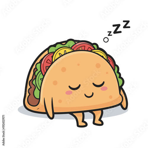 Sleeping taco cartoon character with closed eyes and zzz bubble