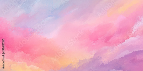 Dreamy watercolor background soft pastel colors serene sky with clouds abstract landscape in pink blue and yellow orange purple tones.