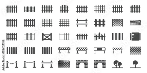 Comprehensive vector icon pack featuring fence, barrier, gate, and perimeter designs for security, property, and garden visuals for top ranked safety graphics, real estate branding, home protection 