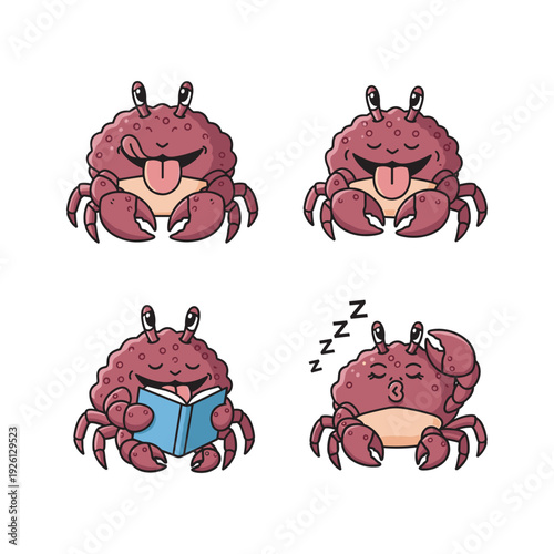 Crab character set showing different emotions and activities in a cartoon style