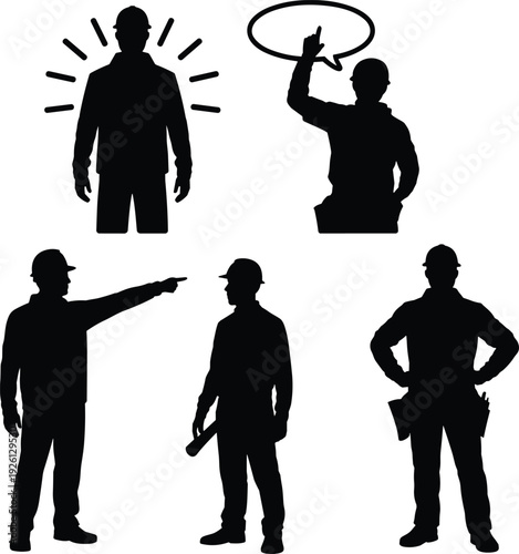   
Construction Worker Silhouette Icons Set Featuring Pointing, Communication, Blueprint Holding, and Directive Gestures for Occupational and Industrial Design