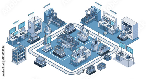 Isometric illustration of a modern automated factory production line with robotic arms and control stations.