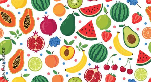 Colorful Tropical Fruit Seamless Pattern Vector with Watermelon Banana Avocado and Summer Fresh Food Background