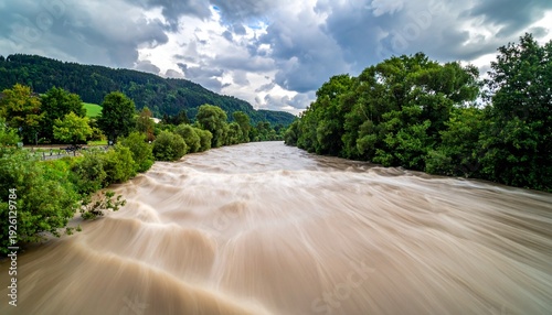Turbulent River Flowing Through Lush Green Landscape Under Cloudy Sky.