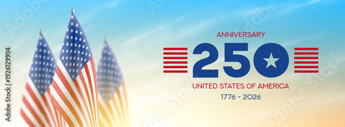 250th anniversary of USA. Vector illustration of 4th of July American Independence with realistic USA flags on cloudy sky with sunrise. 250 years of freedom and independence.