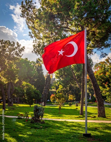 Turkish Flag Waving Proudly in a Lush Green Park Under a Sunny Sky.