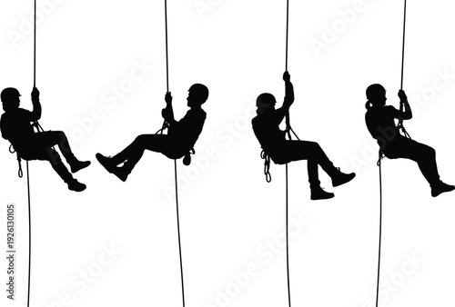 Rope Access Technicians Silhouettes Descending on Safety Lines with Harness and Helmet Isolated on White Background, Industrial High Rise Maintenance Concept
