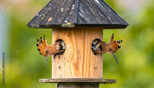 Two adorable birds peeking out of a wooden birdhouse, enjoying the outdoors and nature.