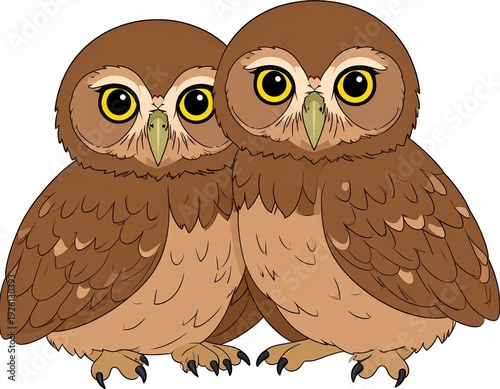 Two adorable brown owls with big yellow eyes looking directly at the viewer, cute illustration.