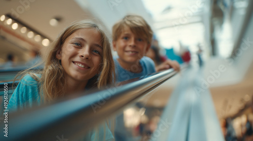 Two happy children riding an escalator in a bustling shopping mall together