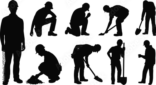 Construction worker silhouettes collection, builders kneeling digging and resting isolated black shadow figures set for design