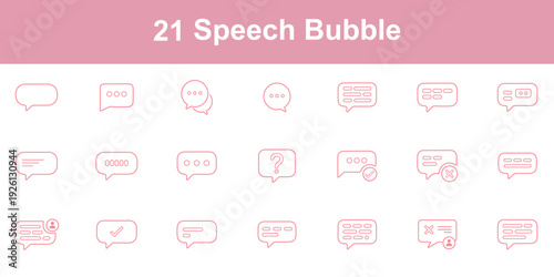 Speech bubble line icon set. Message, chat, dialogue icons. Chat bubble, talk bubble sign. Cloud speech bubbles collection. Talk bubbles with editable stroke. Thin line speech bubble icon set of 21