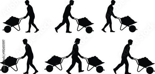 Construction worker silhouettes pushing wheelbarrow with soil collection, builder labor transport activity set, industrial people illustration concept