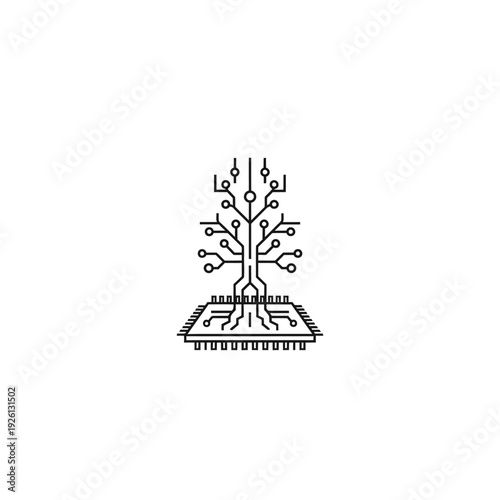 Circuit board tree growing from a chip, symbolizing technology, growth, and digital evolution, isolated white background.