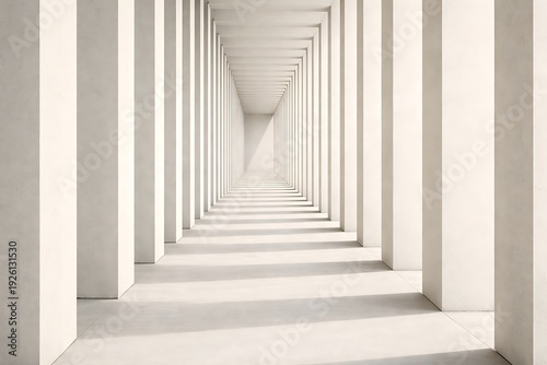 A serene and symmetrical white corridor with repeating columns creating a sense of depth and minimalist architecture